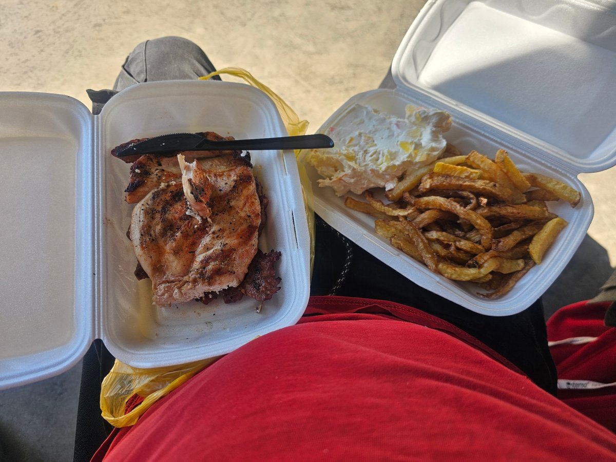 Person eats takeout meal from styrofoam containers in Sofia