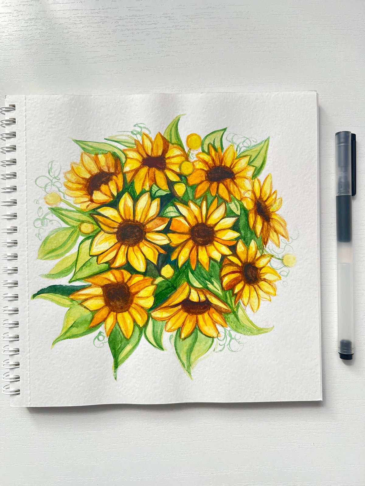 Sunflower watercolor painting documented in Russian sketchbook