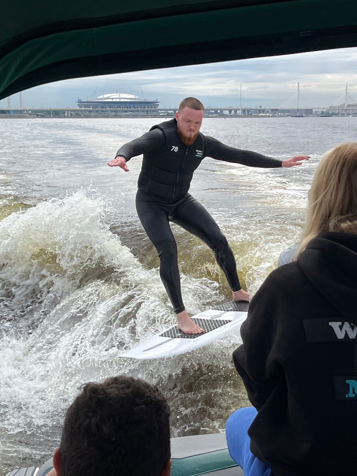 Wake surfing the Neva with the Lakhta Center in view