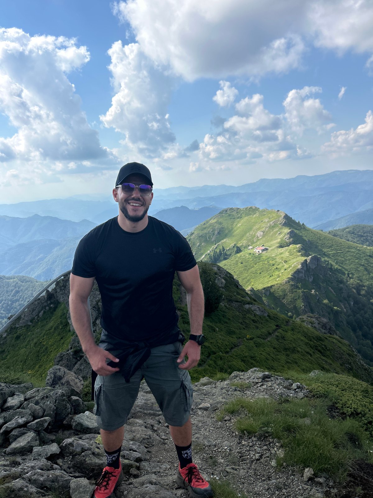 Hiking break on a rocky trail in the Bulgarian mountains