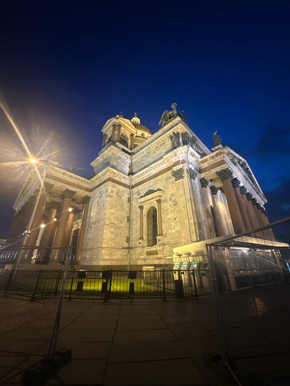 Evening documentation of illuminated Saint Isaac's Cathedral in Saint Petersburg