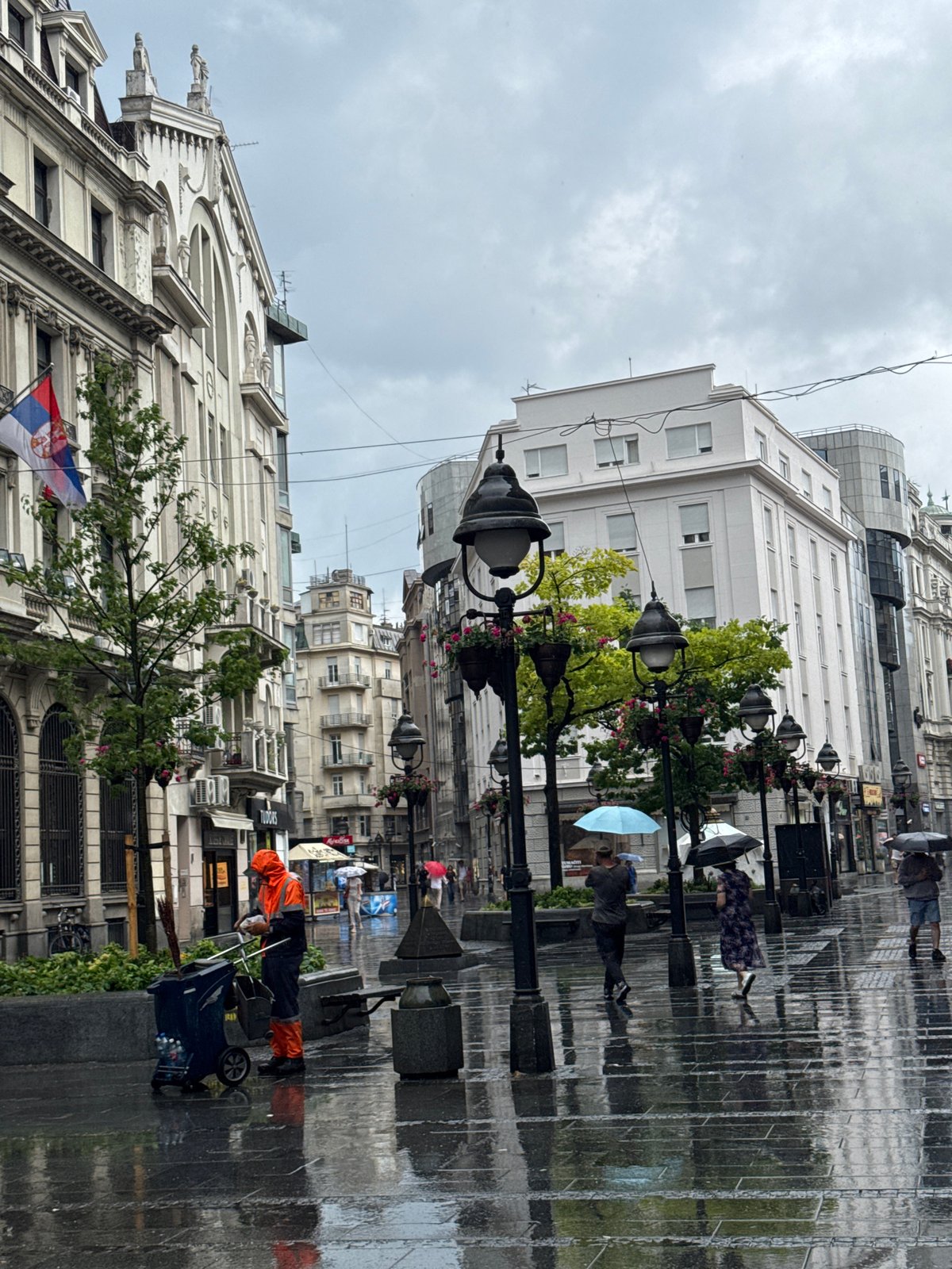 Wet Belgrade pedestrian street on a rainy July afternoon
