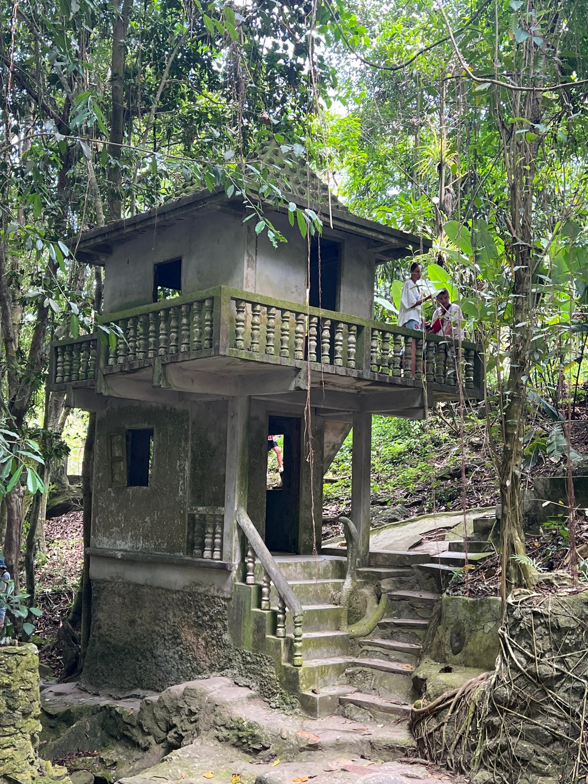 Overgrown jungle shrine with stone statues in Ko Samui