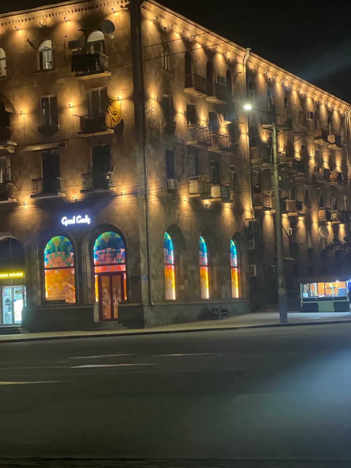 Evening scenes captured in Yerevan showing illuminated buildings, traffic