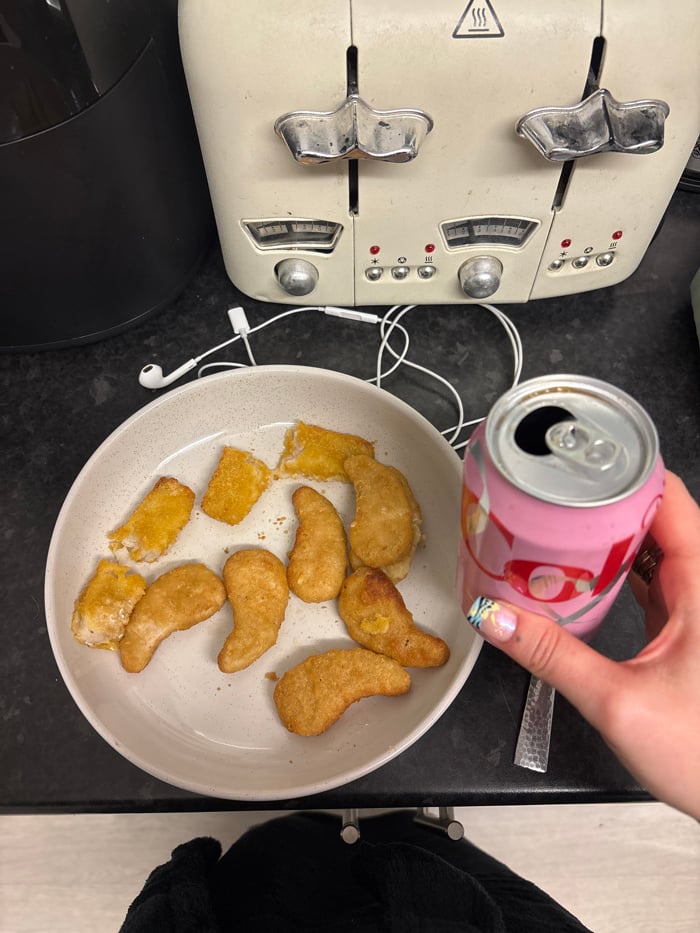 London kitchen scene shows plate of breaded food items