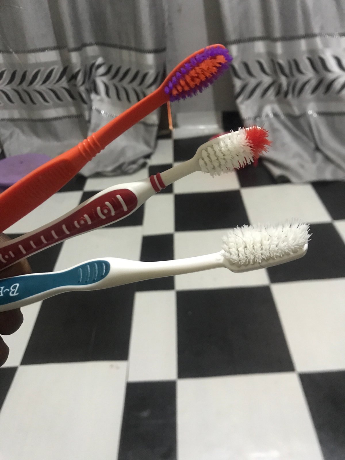 Morning routine documented with toothbrushes and greeting message