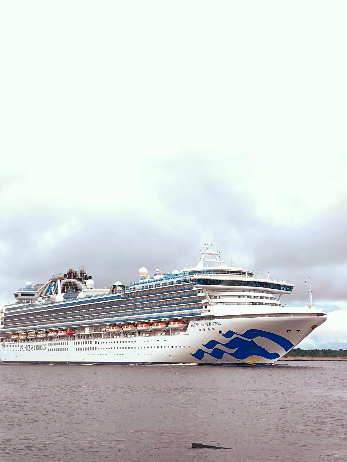 Sapphire Princess cruises past Vecāķi pier at dusk