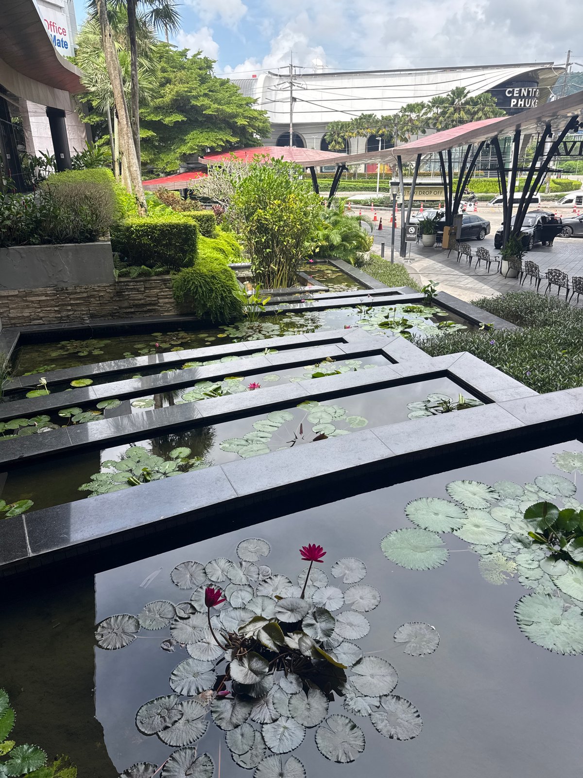 Afternoon at a Thai lifestyle mall with koi ponds and food stops