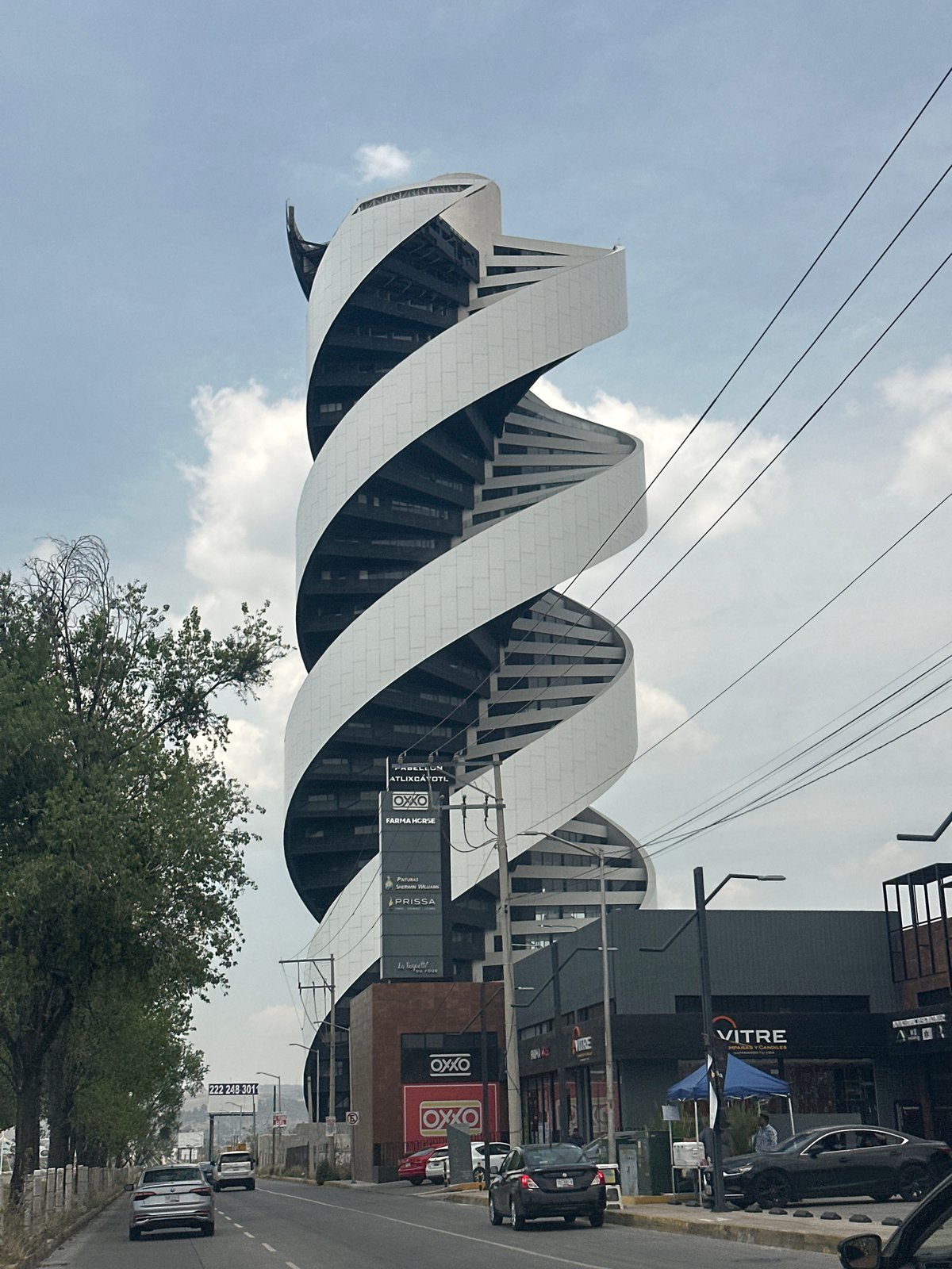 Modern spiral building documented in San Bernardino Tlaxcalancingo, Mexico