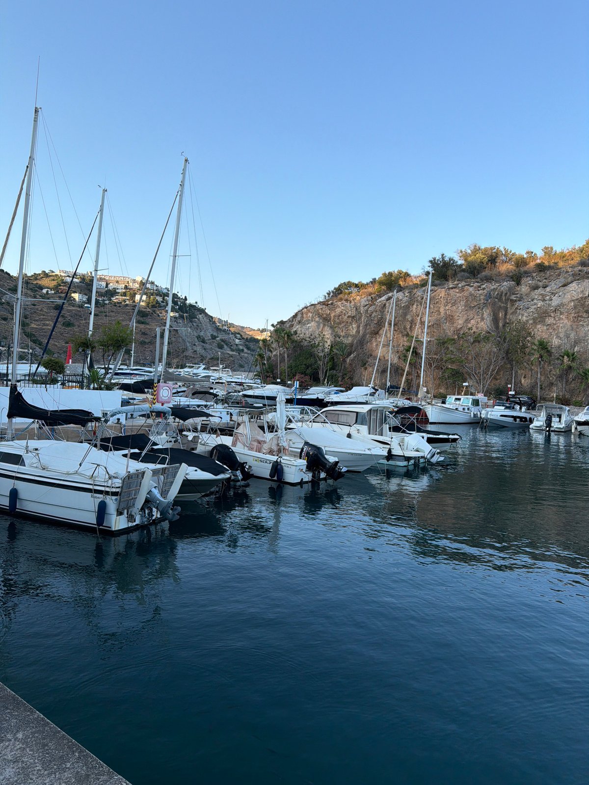 Calm evening at Almuñécar marina, boats docked on still water