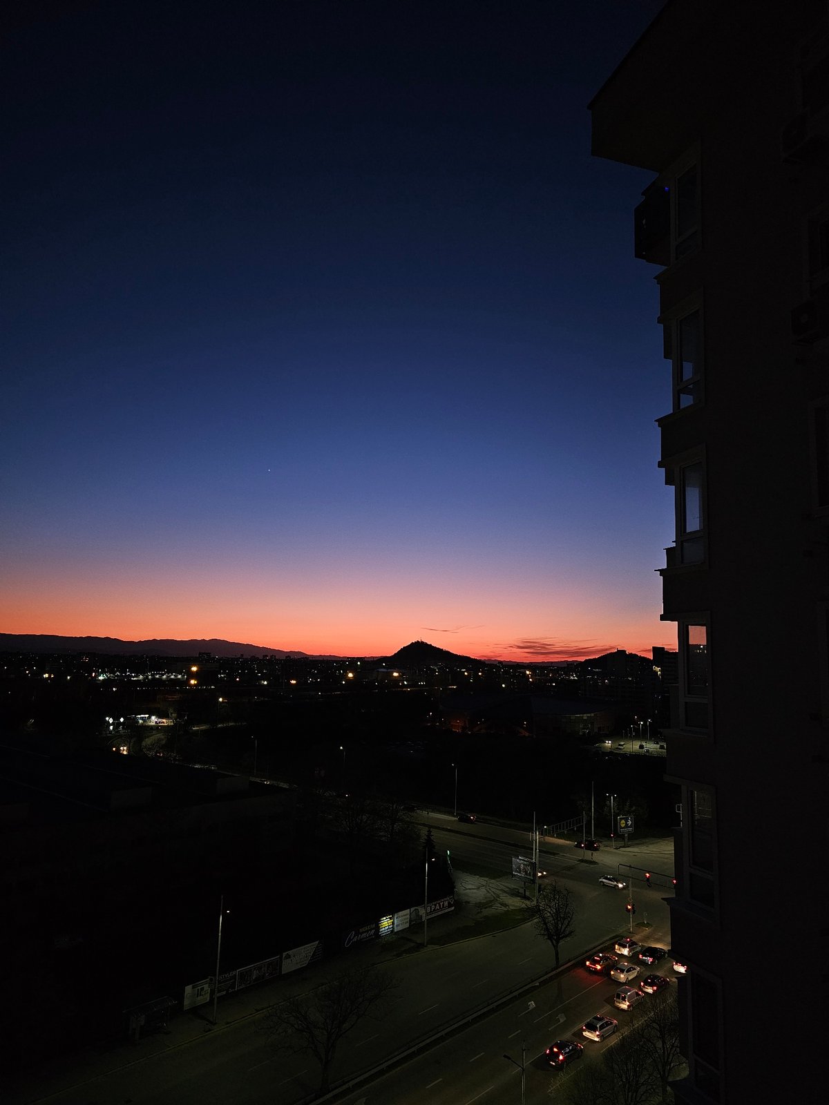 Sunset light captured through windows across Plovdiv, Bulgaria