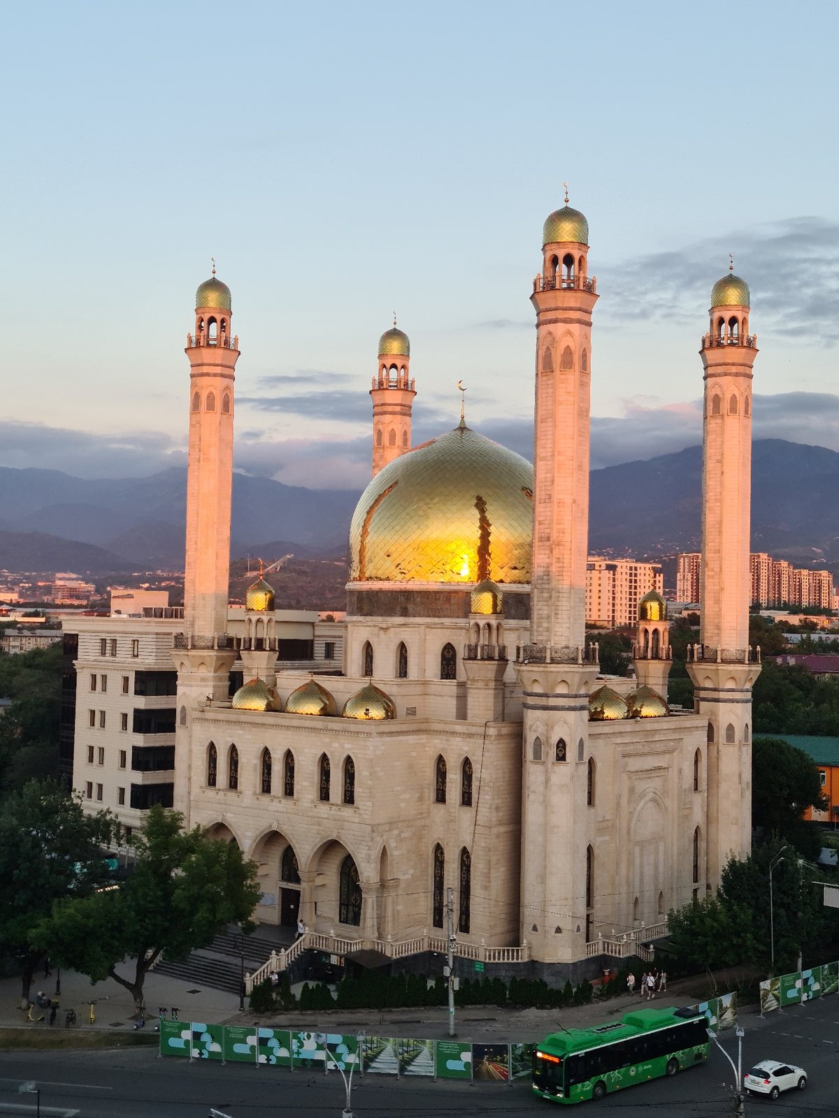 Almaty's Central Mosque glows at sunset