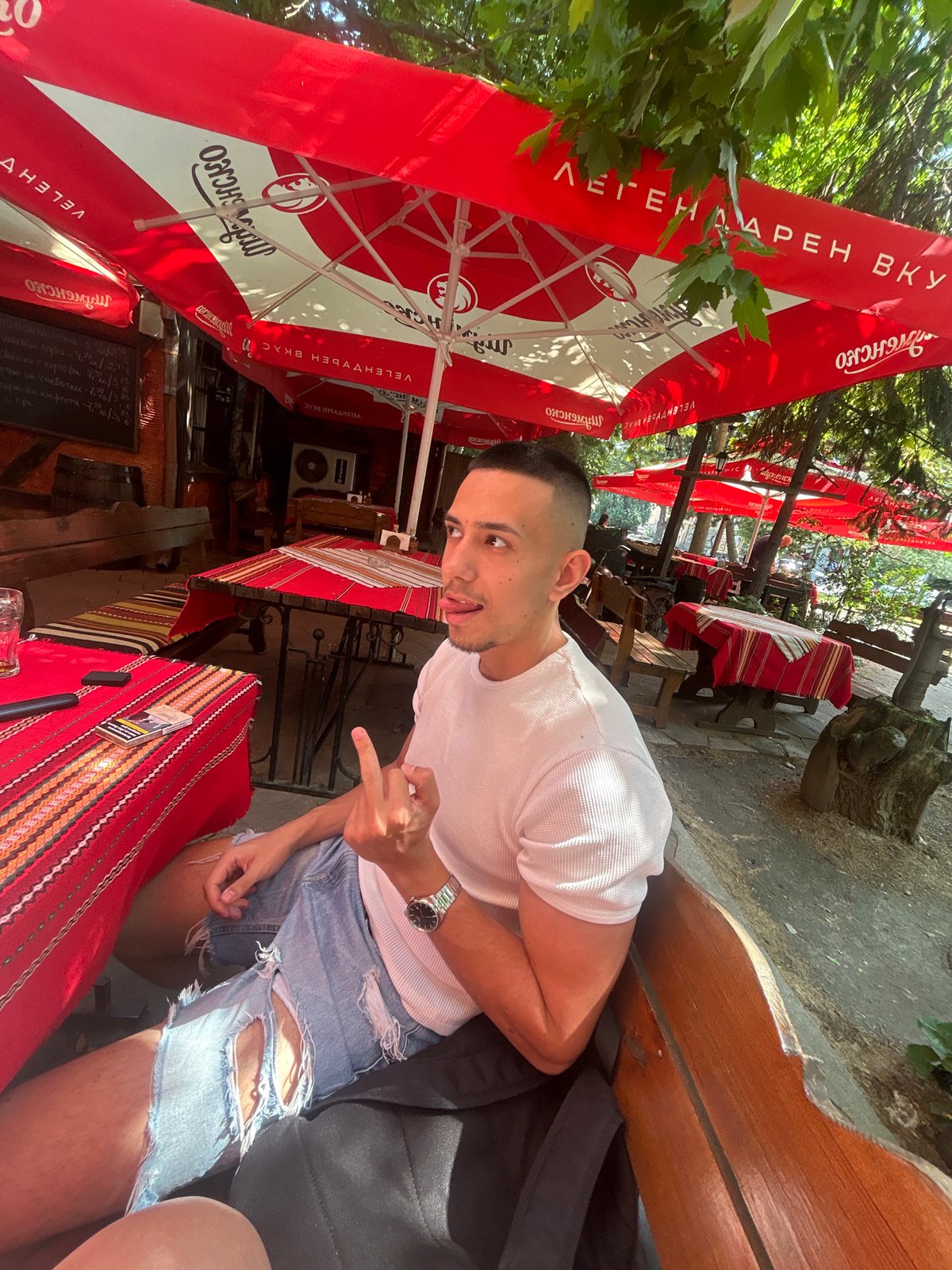 Couple Takes Selfies at Outdoor Café in Plovdiv Bulgaria