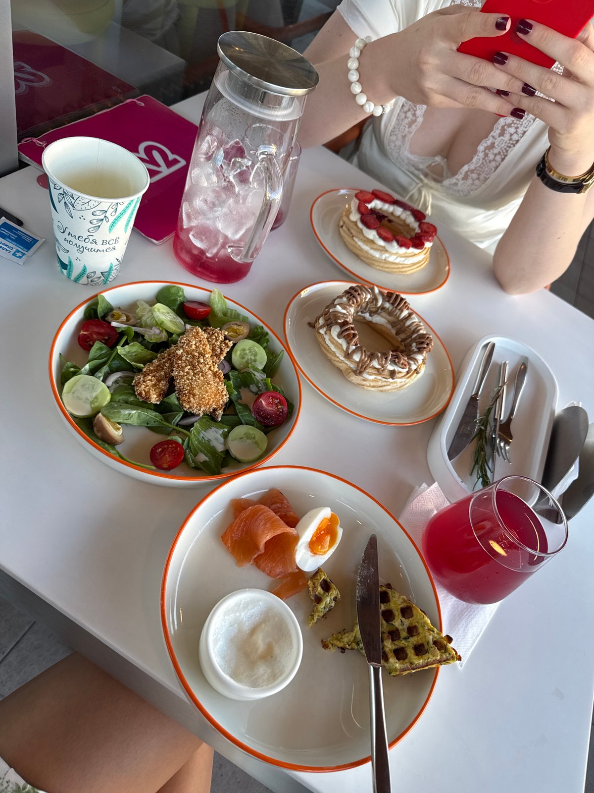 Sunny cafe table spread in Kazan, Russia