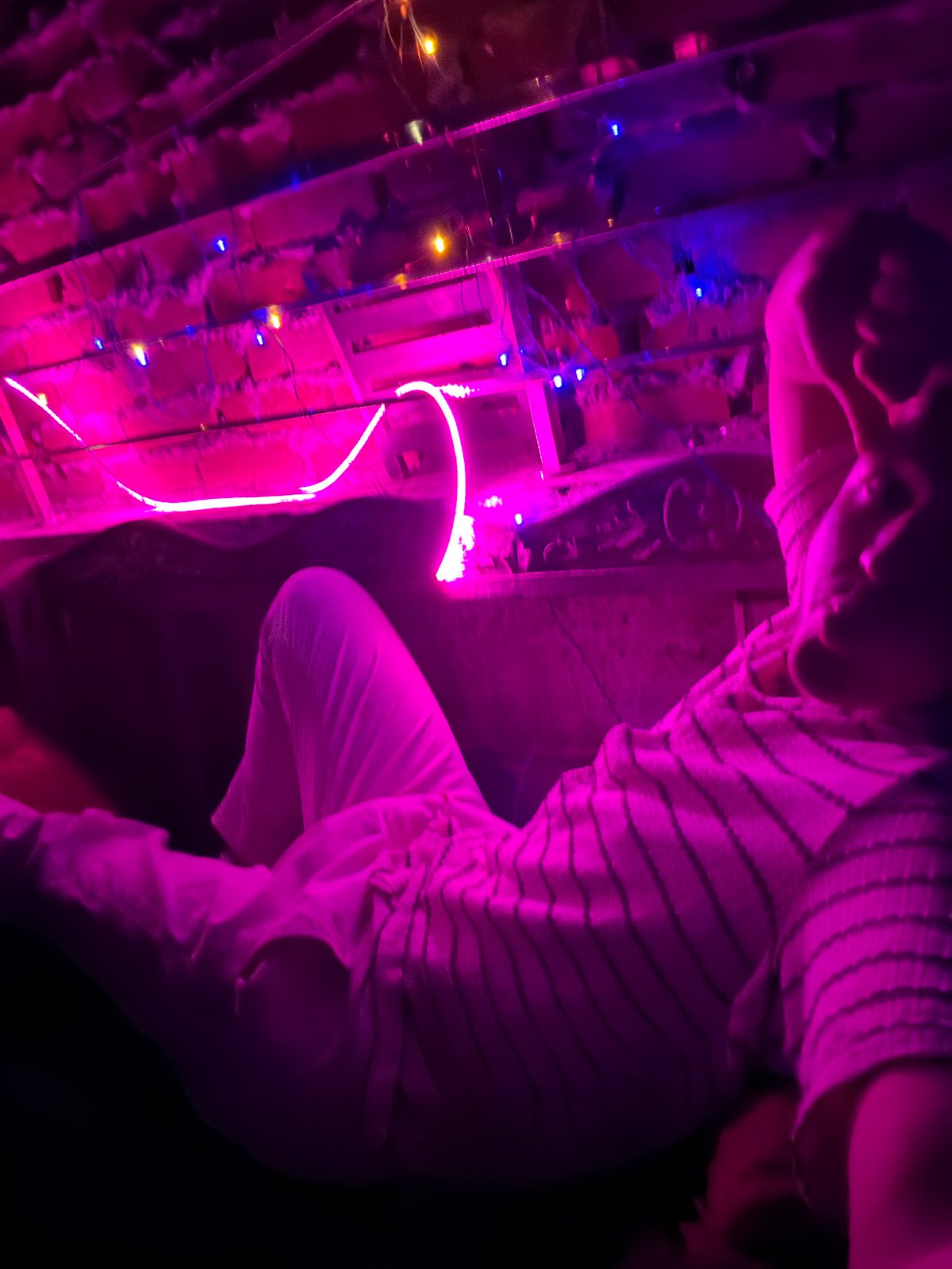 Neon-lit Delhi evening: rooftop vibes and a plane overhead