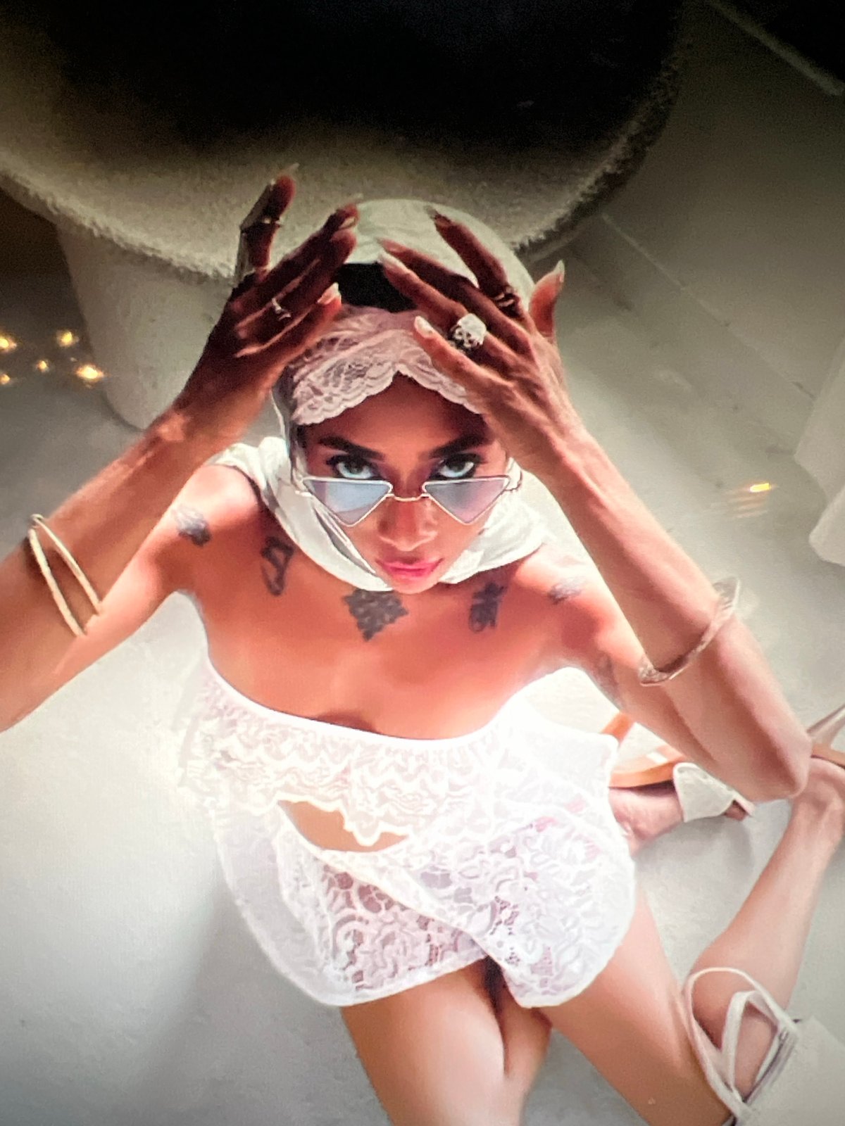 White lace outfit, kneeling pose, shot from two angles