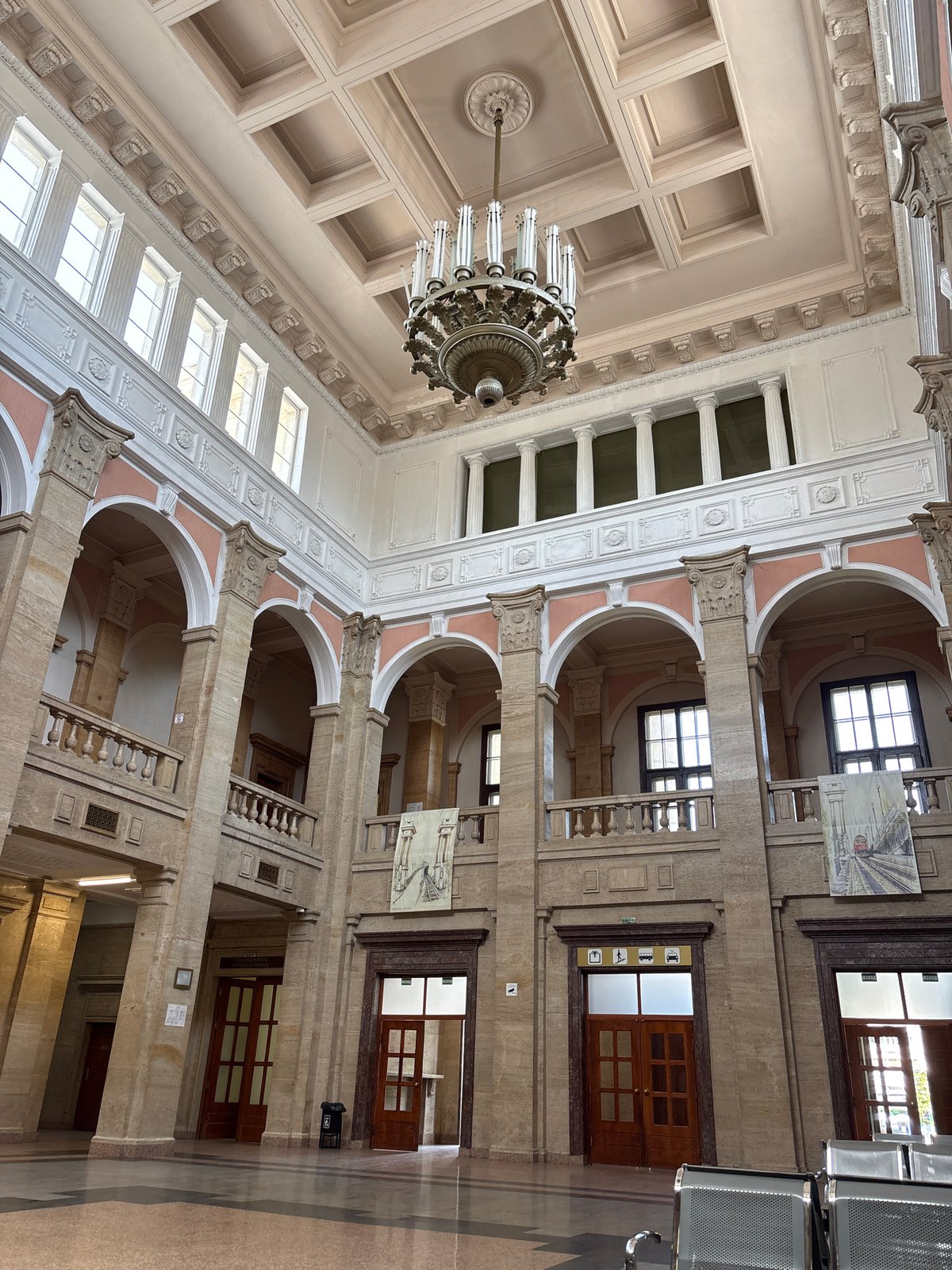 Ornate ceiling and chandelier documented at Ruse Central Railway Station