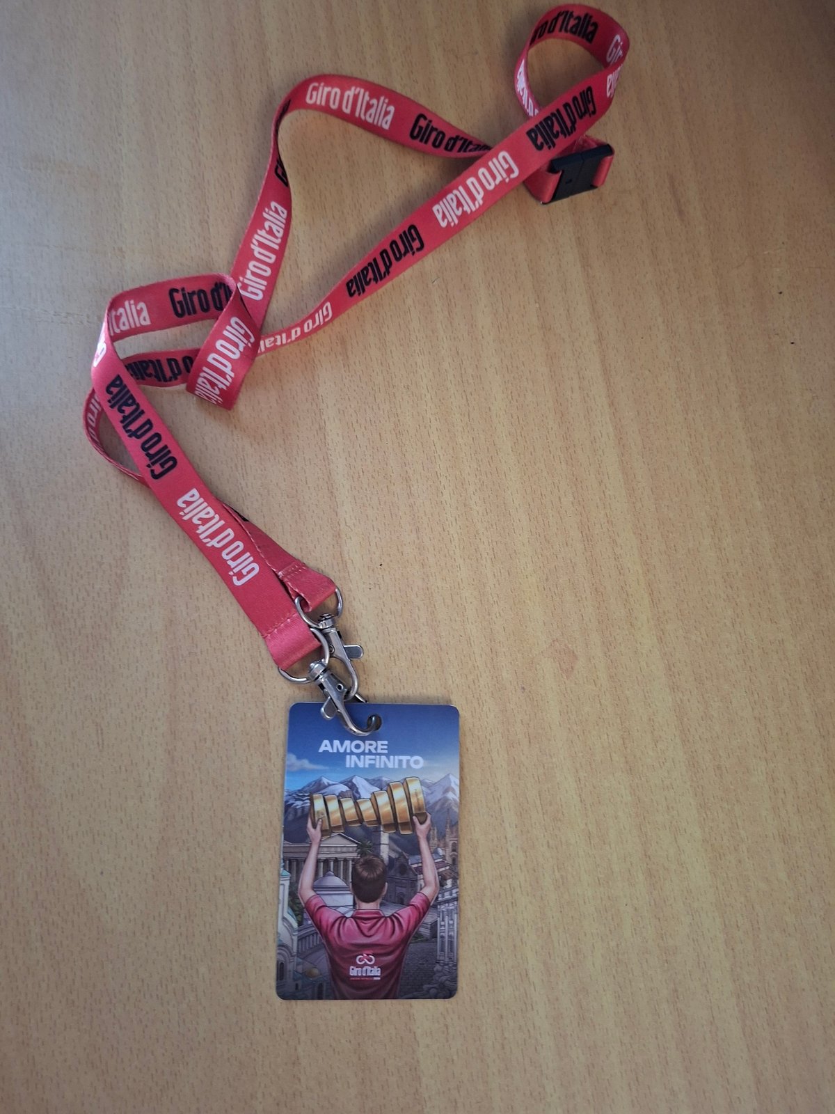 Giro d'Italia lanyard spotted on wooden surface in Bulgaria