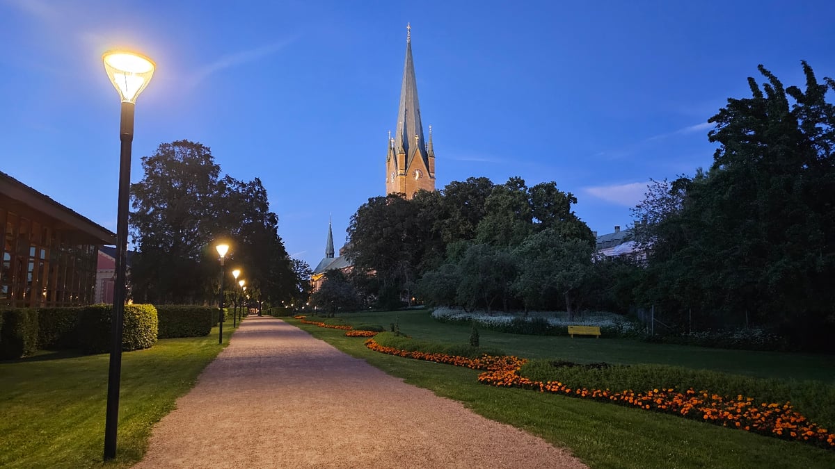 Linköping's historic streets and landmarks at summer twilight
