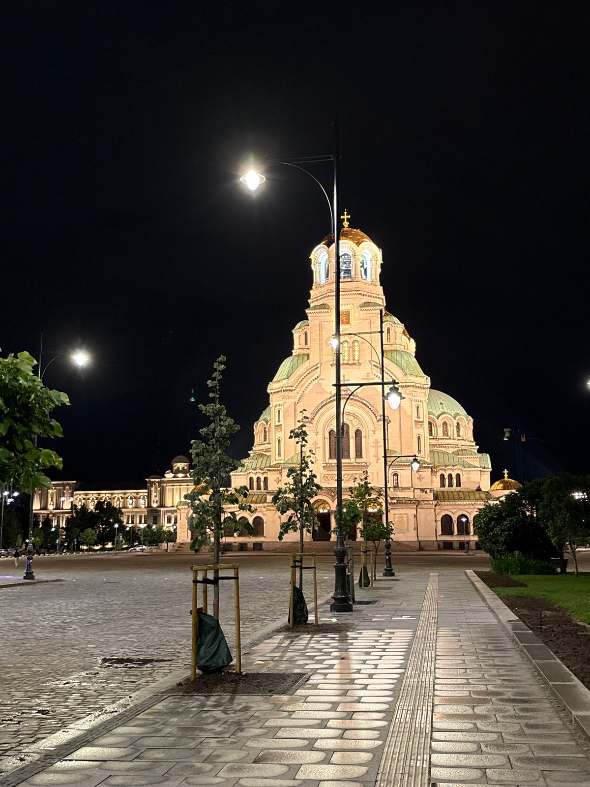 Nighttime illumination captured at Sofia's Alexander Nevsky Cathedral