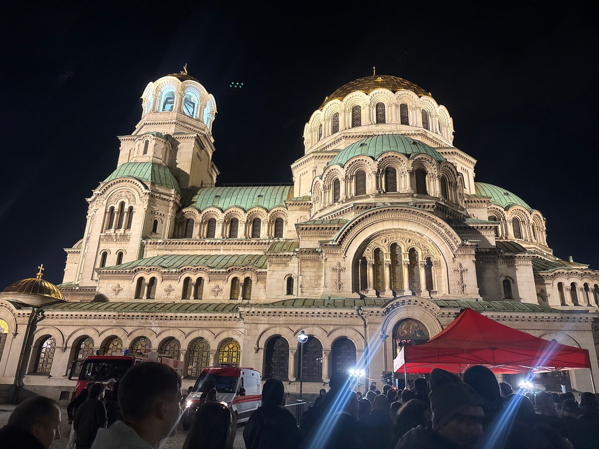 Night crowd gathers at Sofia's Alexander Nevsky Cathedral
