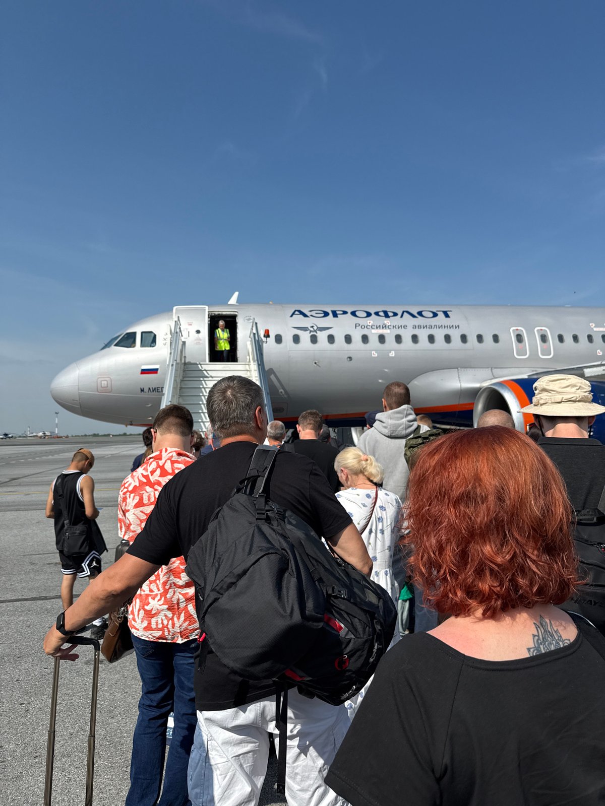 Passengers boarding an Aeroflot jet in Kalinino, Russia