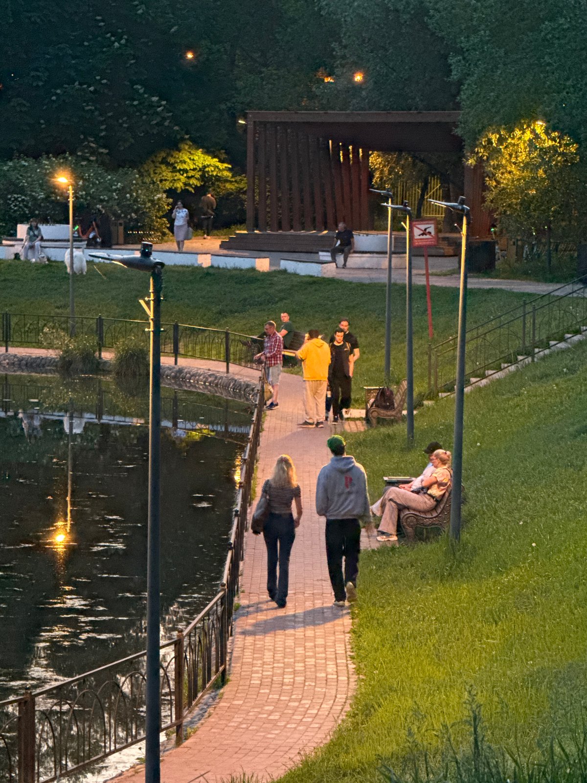 Evening dog walkers gather at Moscow waterfront park