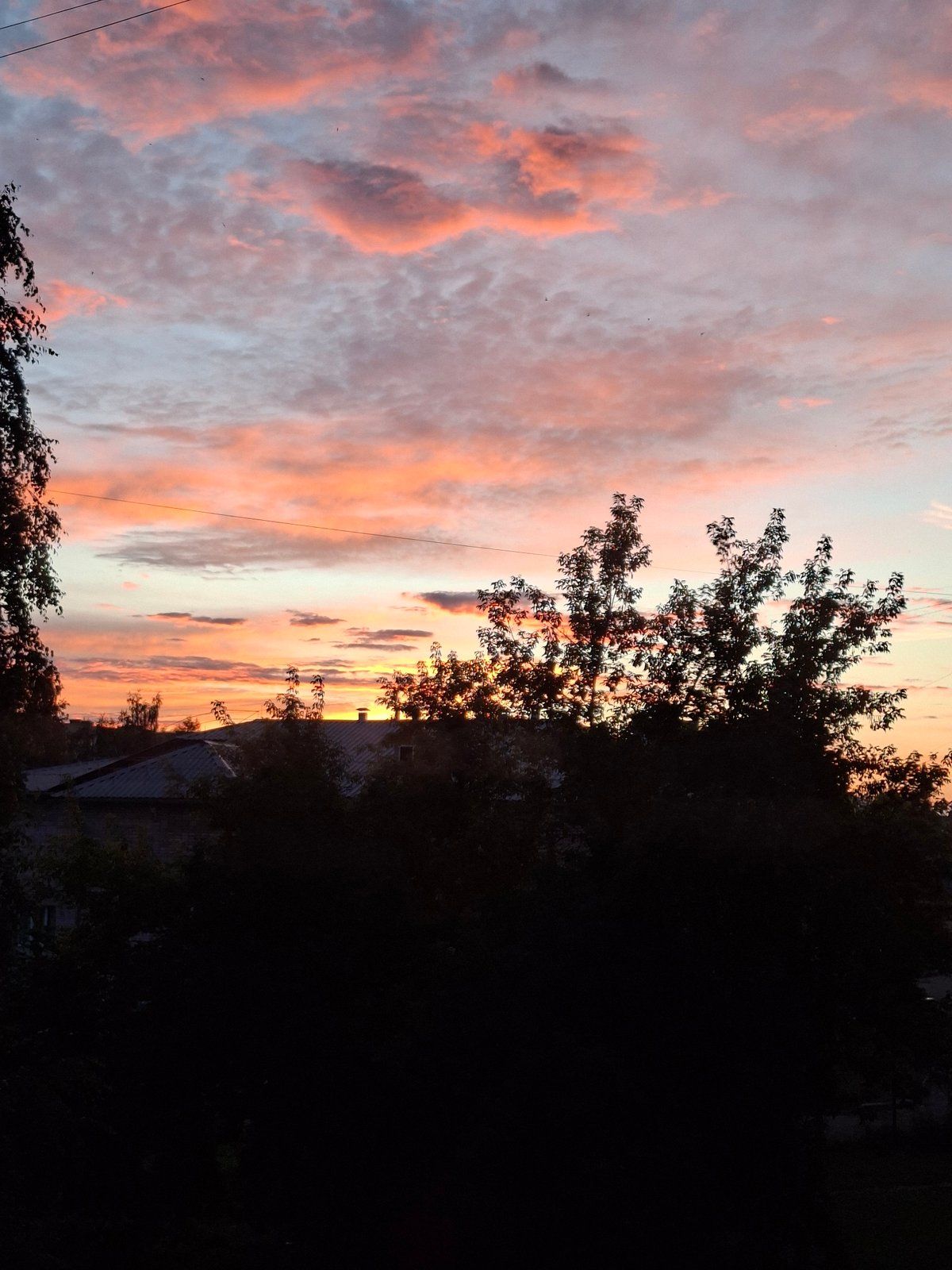 Pink hollyhocks and a vivid sunset over Murom