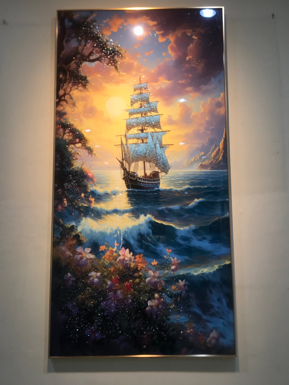 Maritime sunset painting observed on wall in Medan