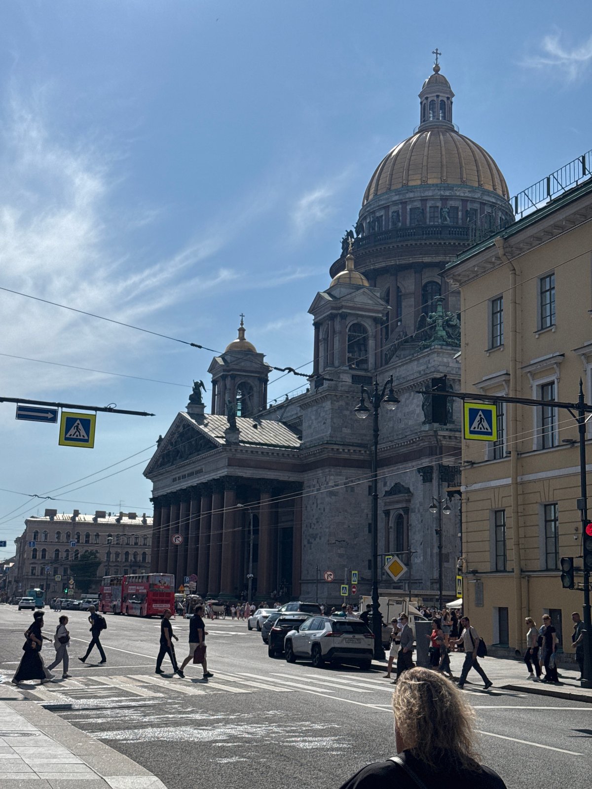 Sunny day street scenes around a European city center