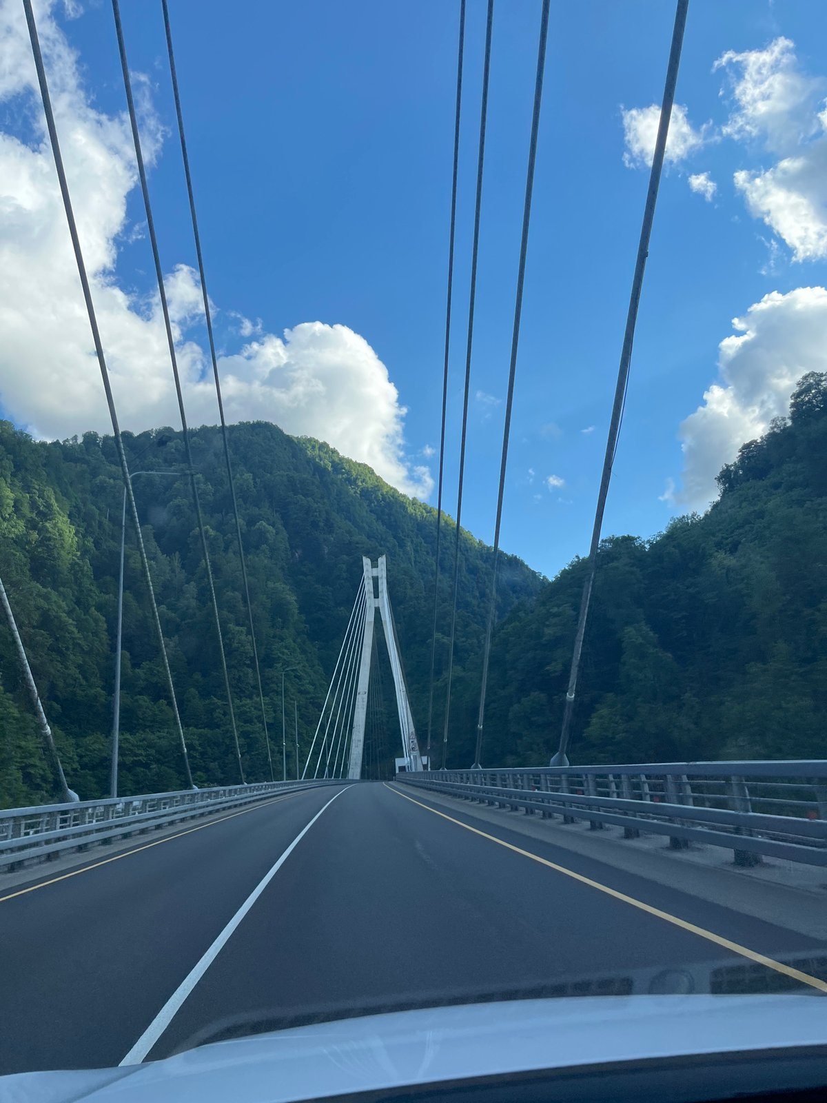 Driving across a cable-stayed bridge in Kepsha, Russia