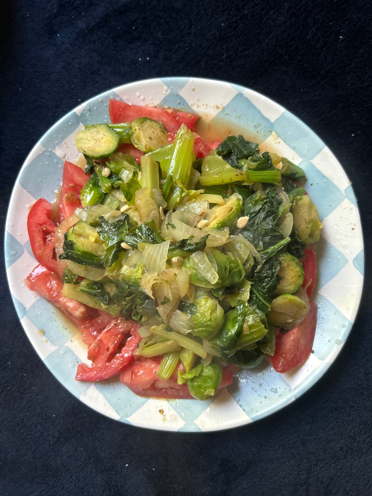 Meal photographed on checkered plate in Los Angeles Monday evening