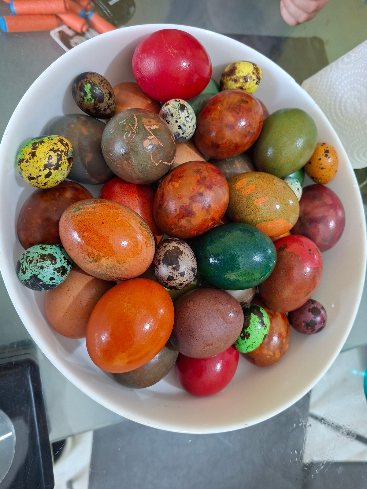 Colorful Easter eggs displayed in bowl in Sofia
