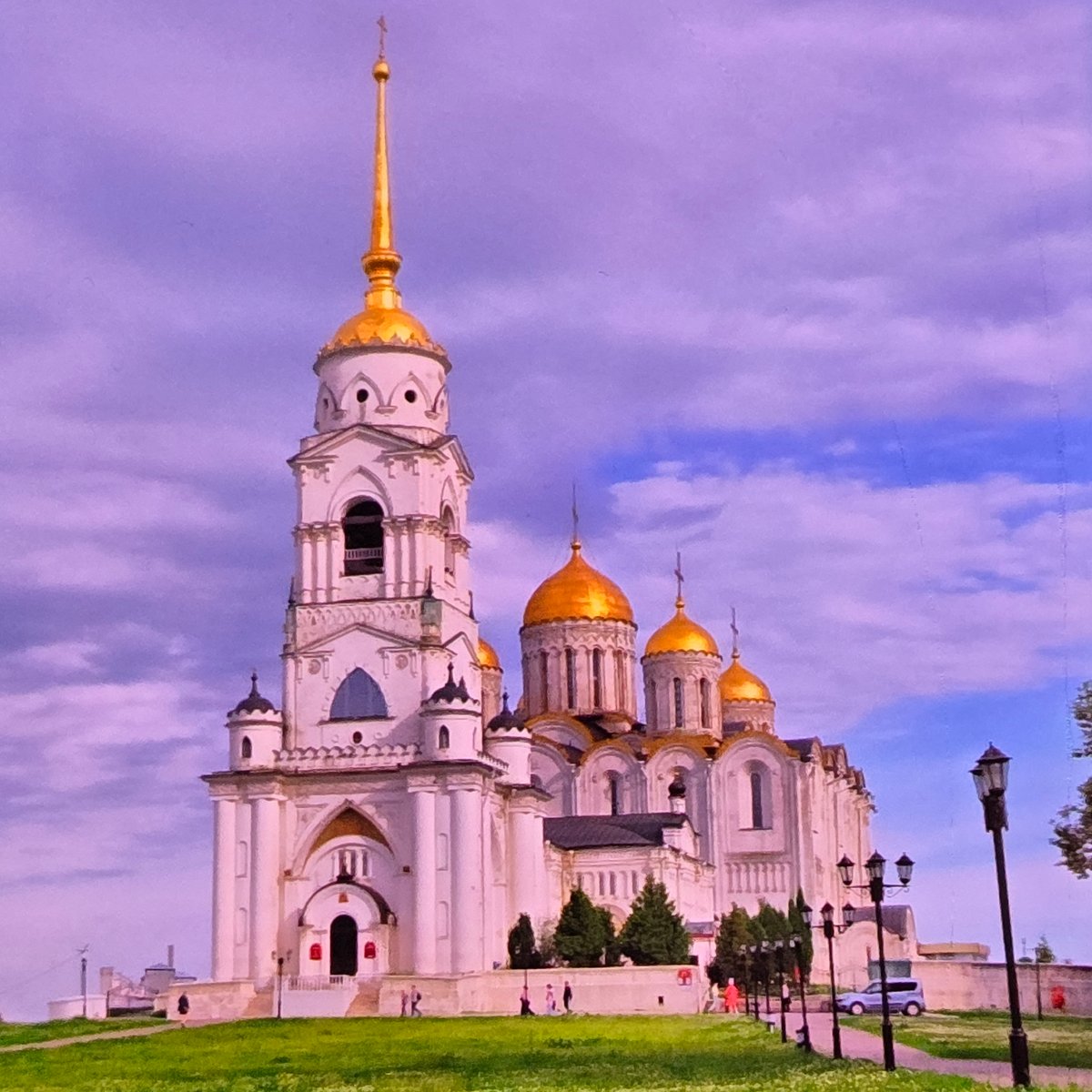 Vladimir's iconic Assumption Cathedral, white stone and golden domes