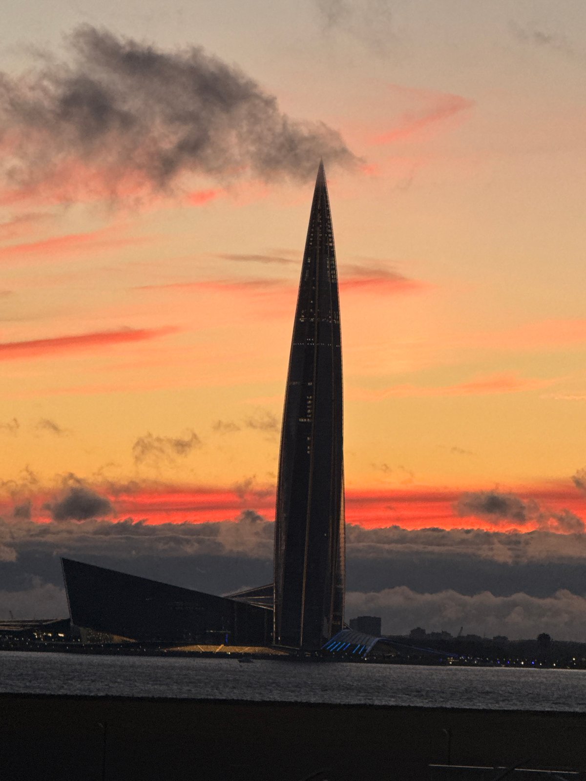 Lakhta Center tower glowing at sunset, Saint Petersburg