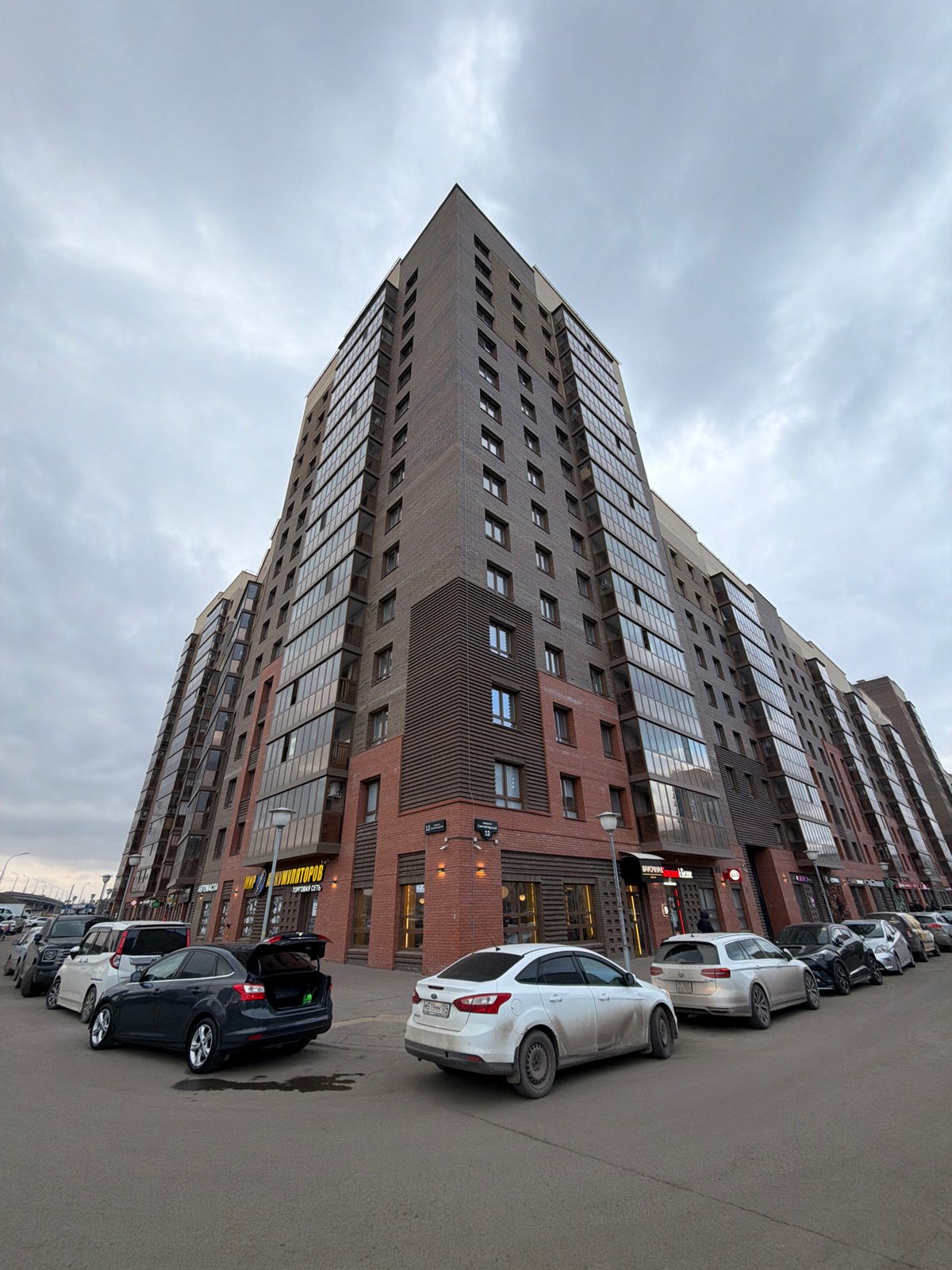Modern brick building observed in Krasnoyarsk, Russia