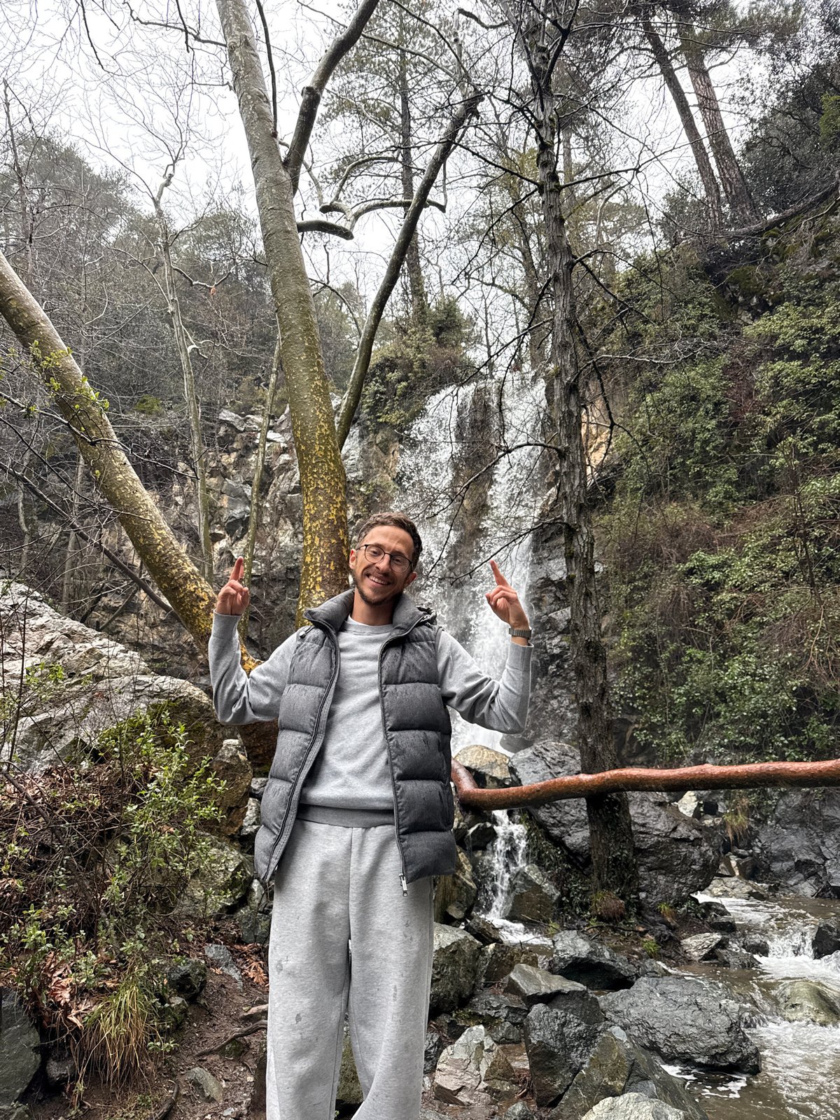 Rocky waterfall documented in wooded Pano Platres, Cyprus