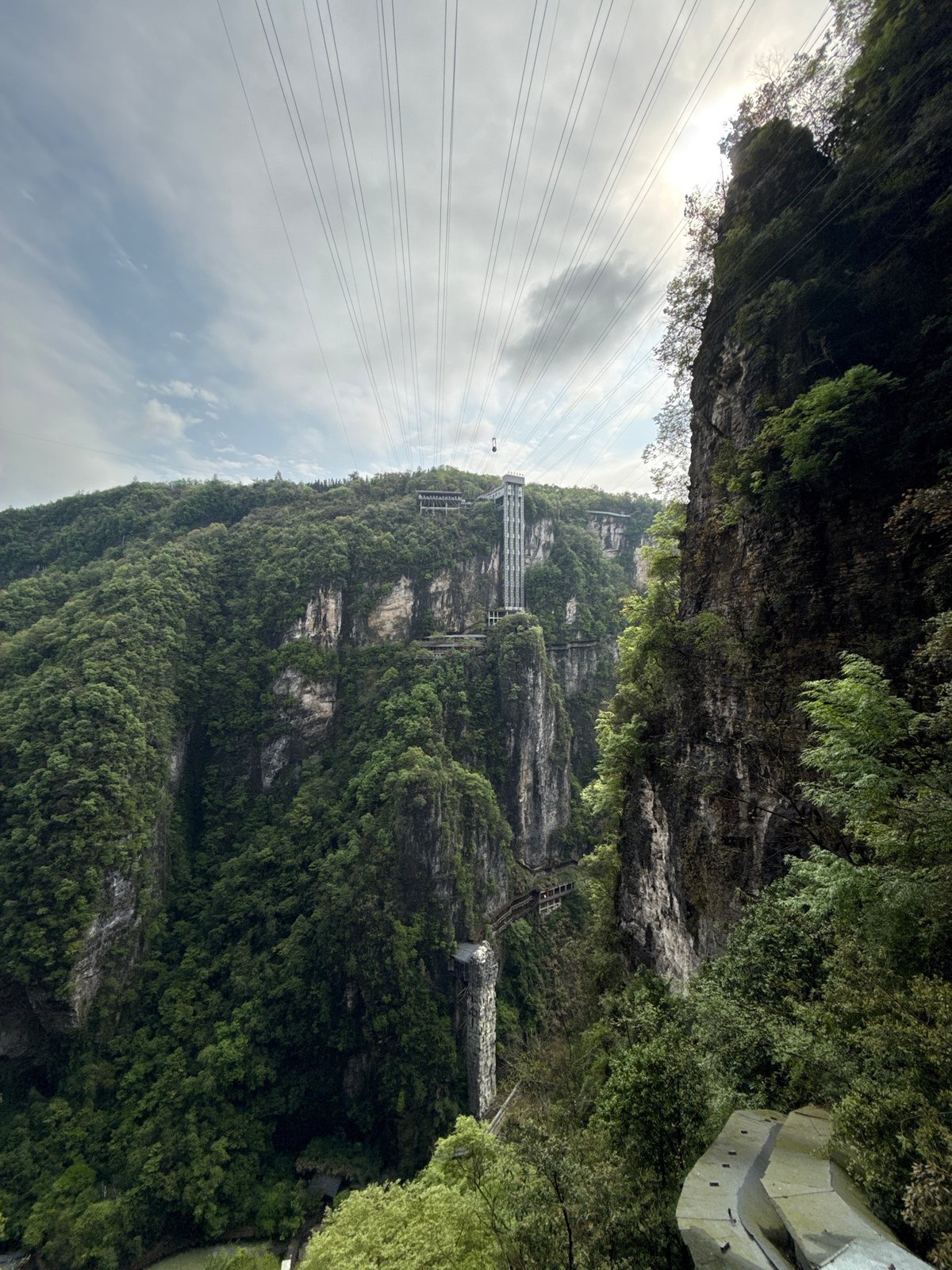 Glass bridge and power lines documented in Zhangjiajie mountains