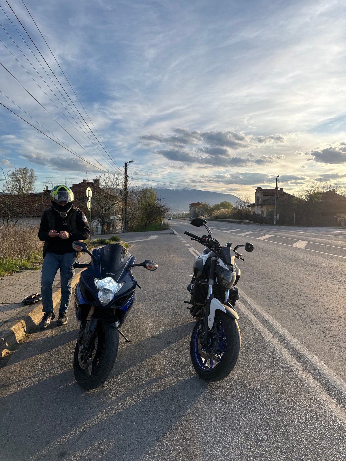 Two motorcycles parked on roadside in Iabalkovo, Bulgaria