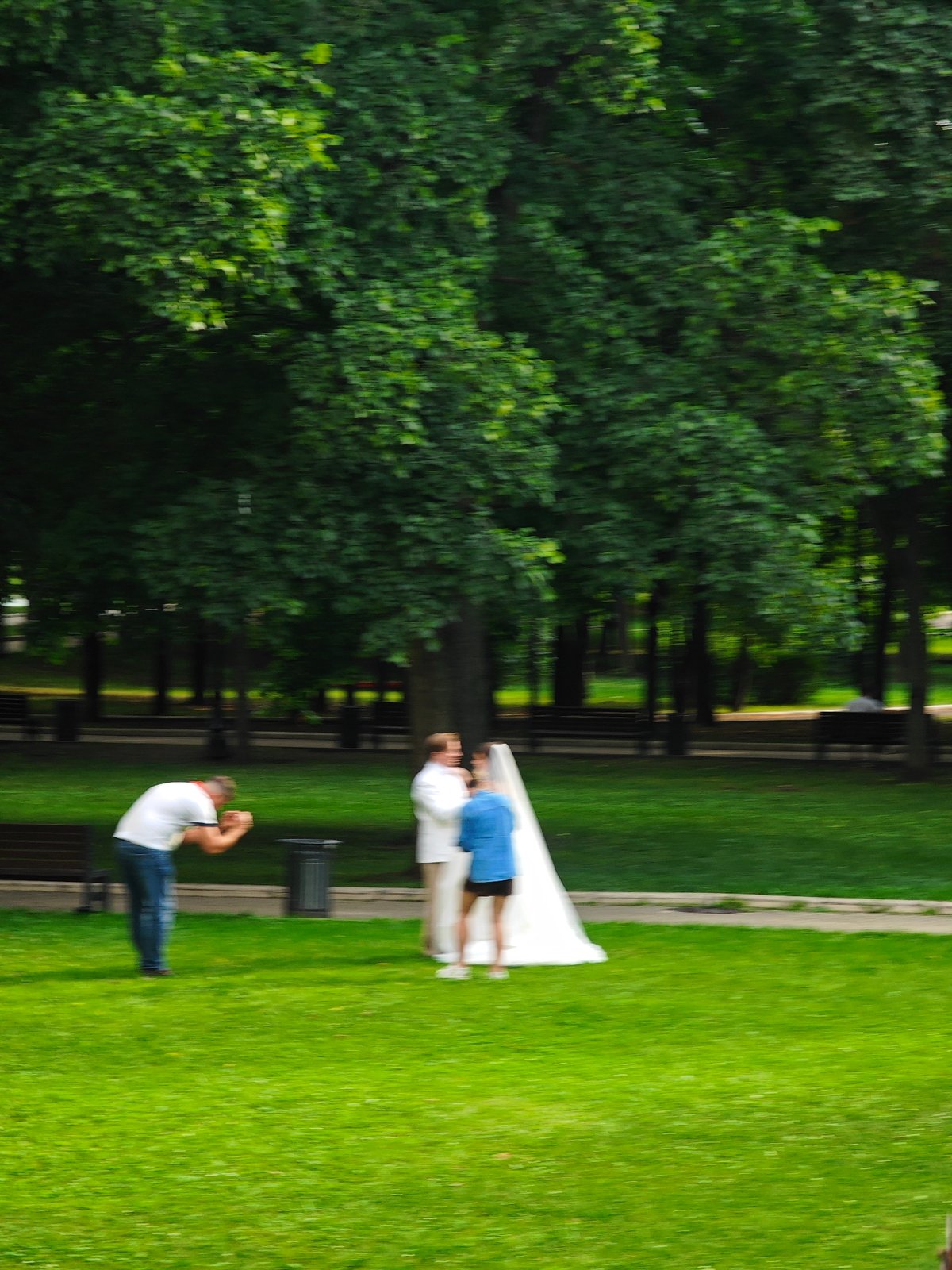 Wedding and bold architecture in a Moscow summer afternoon
