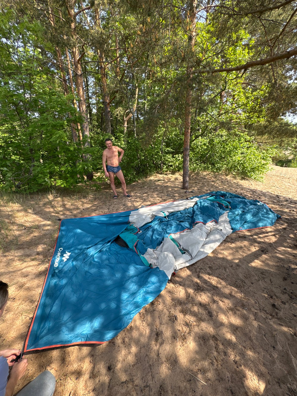 Couple sets up beach camping site in Russian pine forest