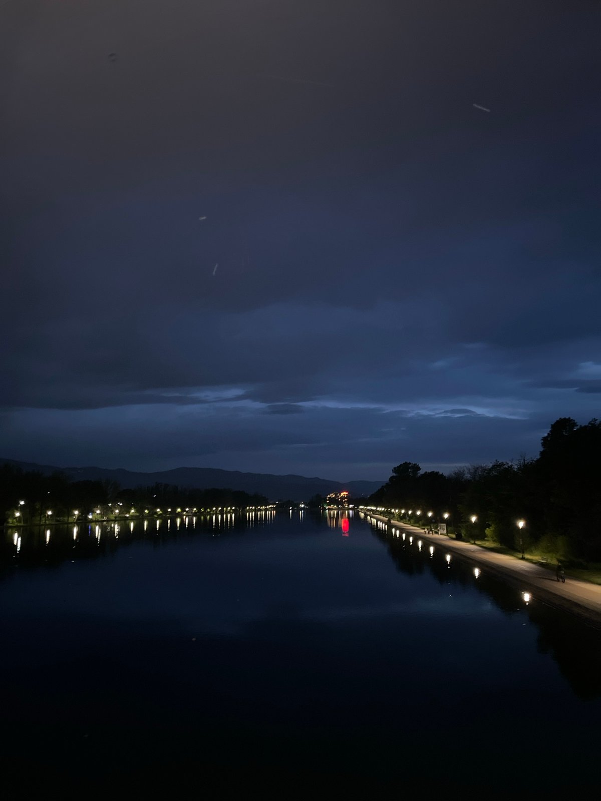 Evening lights illuminate Plovdiv's Rowing Canal path