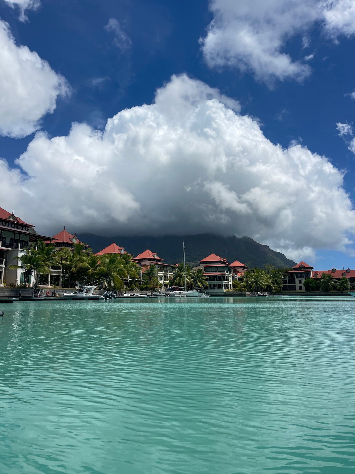 Calm morning at Providence marina and waterfront, Seychelles