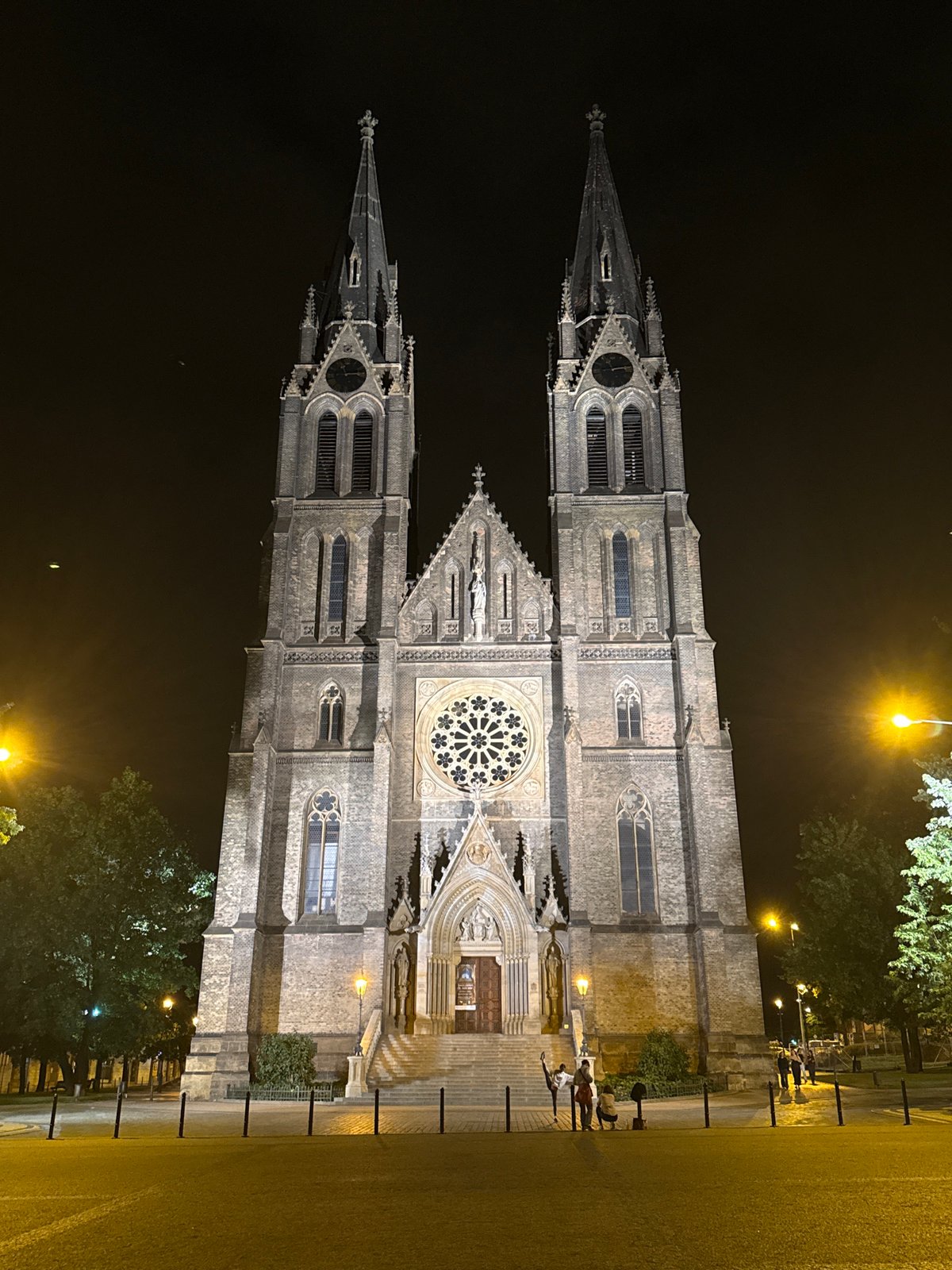 Vyšehrad basilica glowing under night lights in Prague