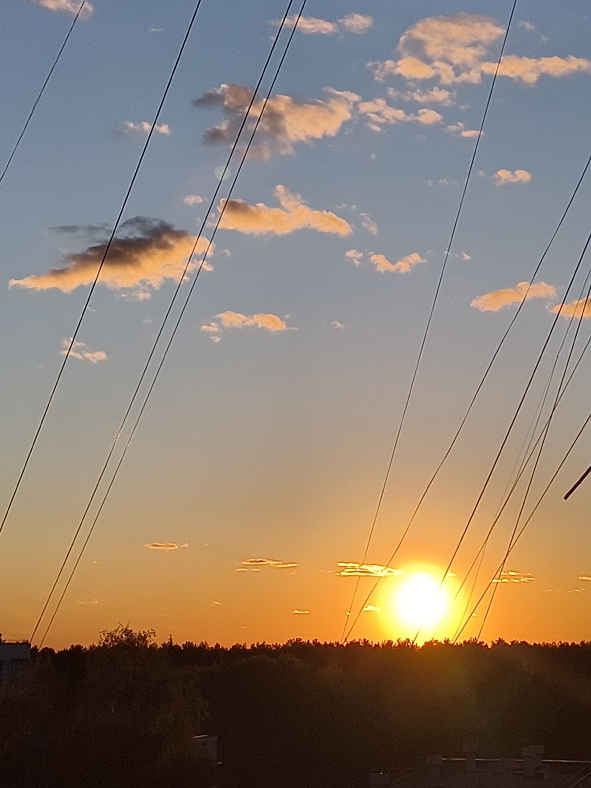 Sunset observed over cityscape with golden clouds, utility lines
