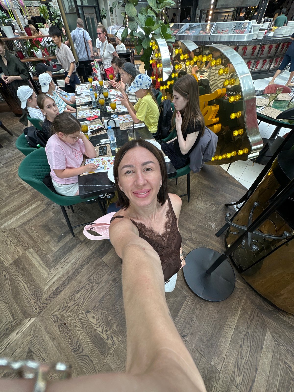 Inside a stylish Moscow restaurant, mid-lunch