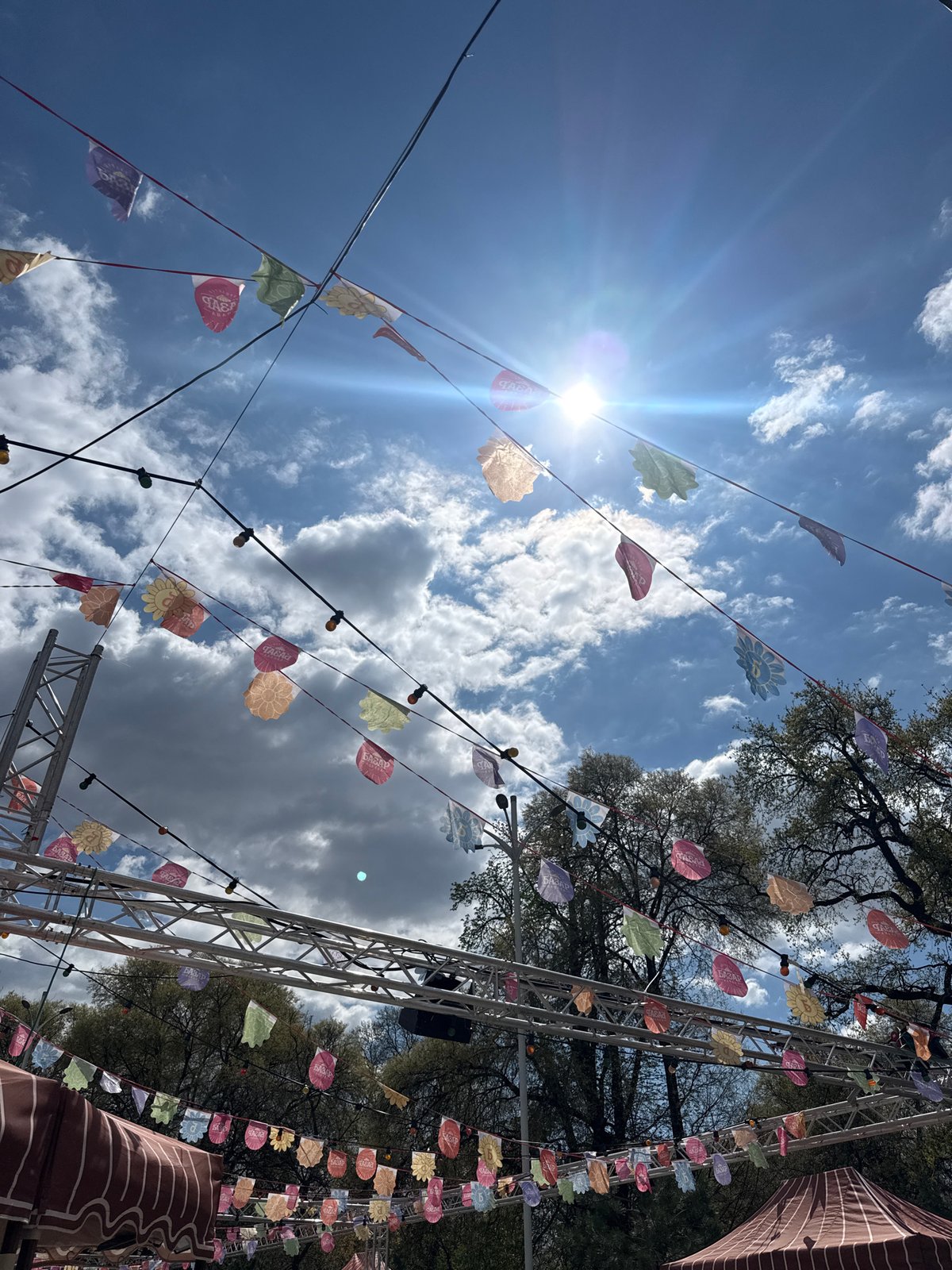Outdoor event setup with decorative flags observed in Plovdiv