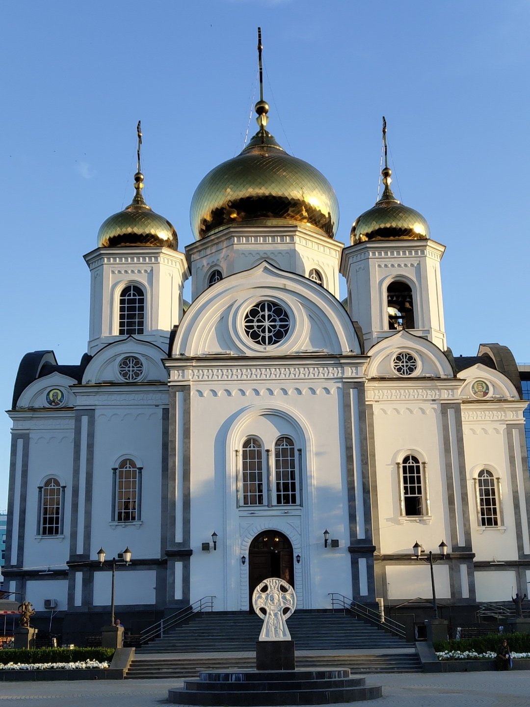 Catherine Cathedral in Krasnodar, golden domes under blue sky