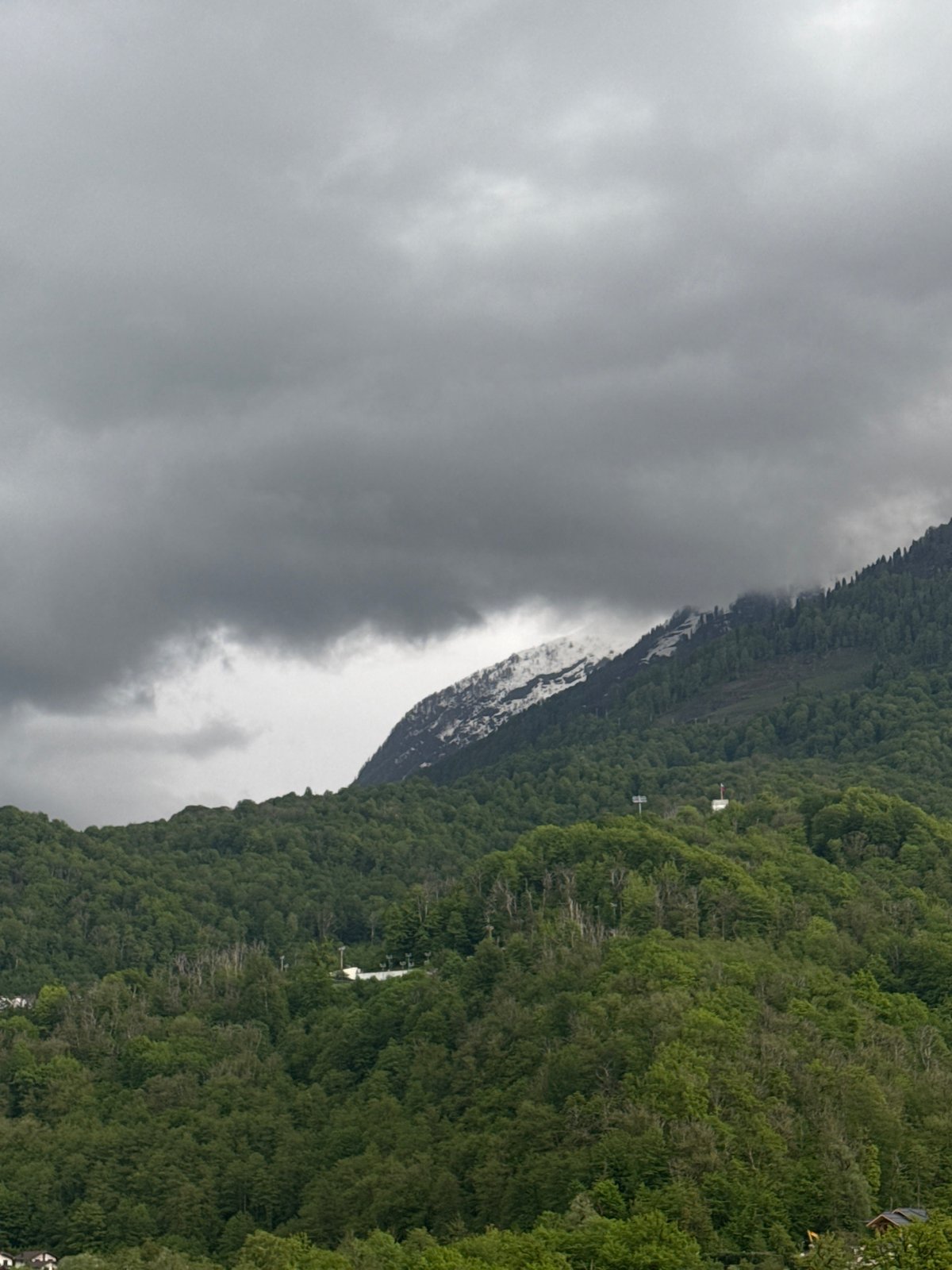 Overcast skies captured over forested mountains in Krasnaya Polyana