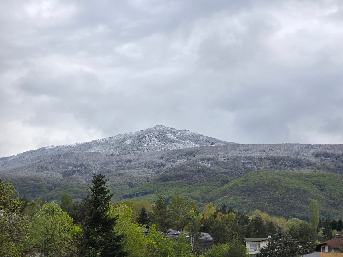 Snow-covered mountain peak observed under gray skies near Sofia